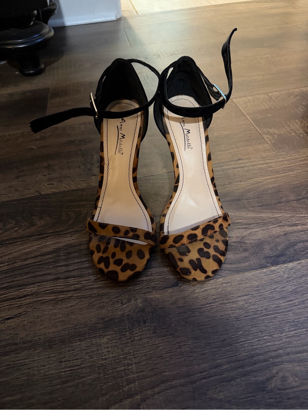 Anne Michelle Leopard-Print Ankle-Strap Heels in Brown and Black